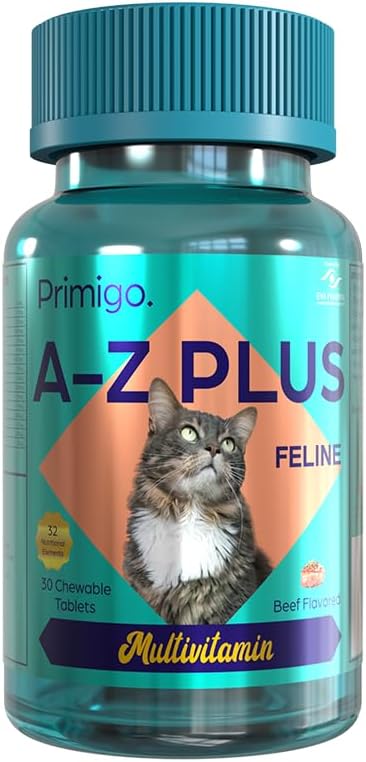 Primigo A-Z Plus Feline Multivitamin - Beef Flavor Chewable Tablets for Cats, 30 Tablets